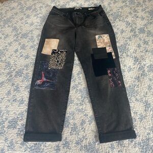 LOGO By Lori Goldstein Velvet Patchwork Edgy Bohemian Grunge Black Cuffed Jean